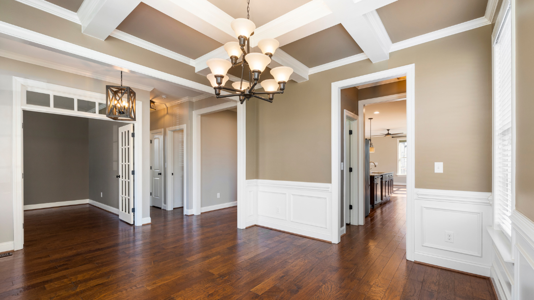 INSIDE BLOG IMAGE Engineered Hardwood Flooring in a home with white door frames.